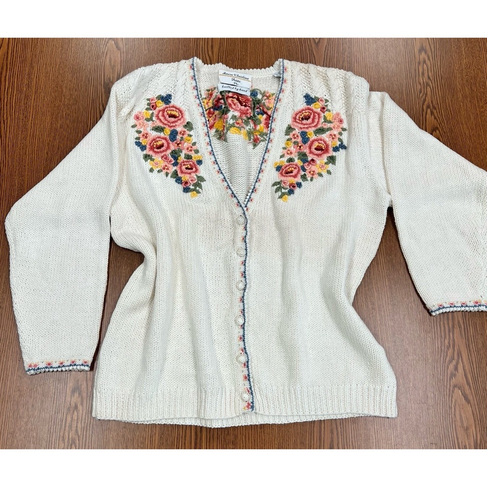 Vintage Marisa Christina Hand Knit Sweater Floral Petite L Embroidered Cardigan